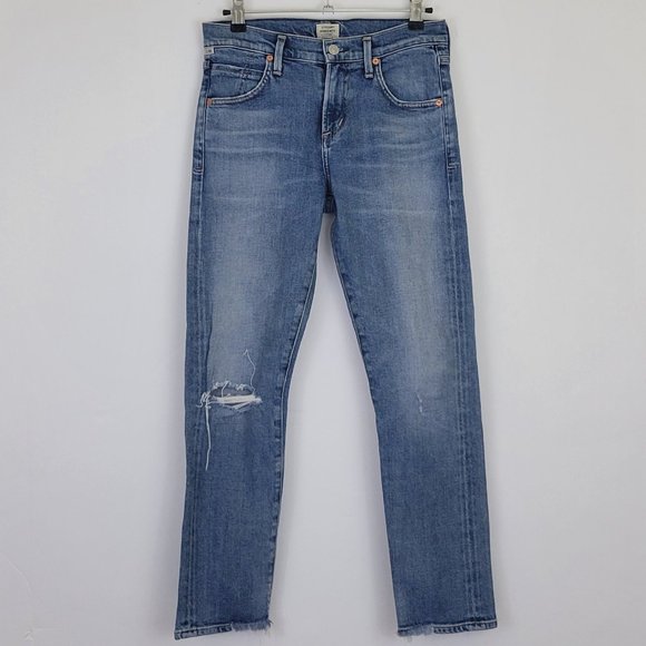COH Elsa Mid Rise Slim Fit Crop Distressed Knee Tear Jean, Medium Wash - Picture 1 of 13
